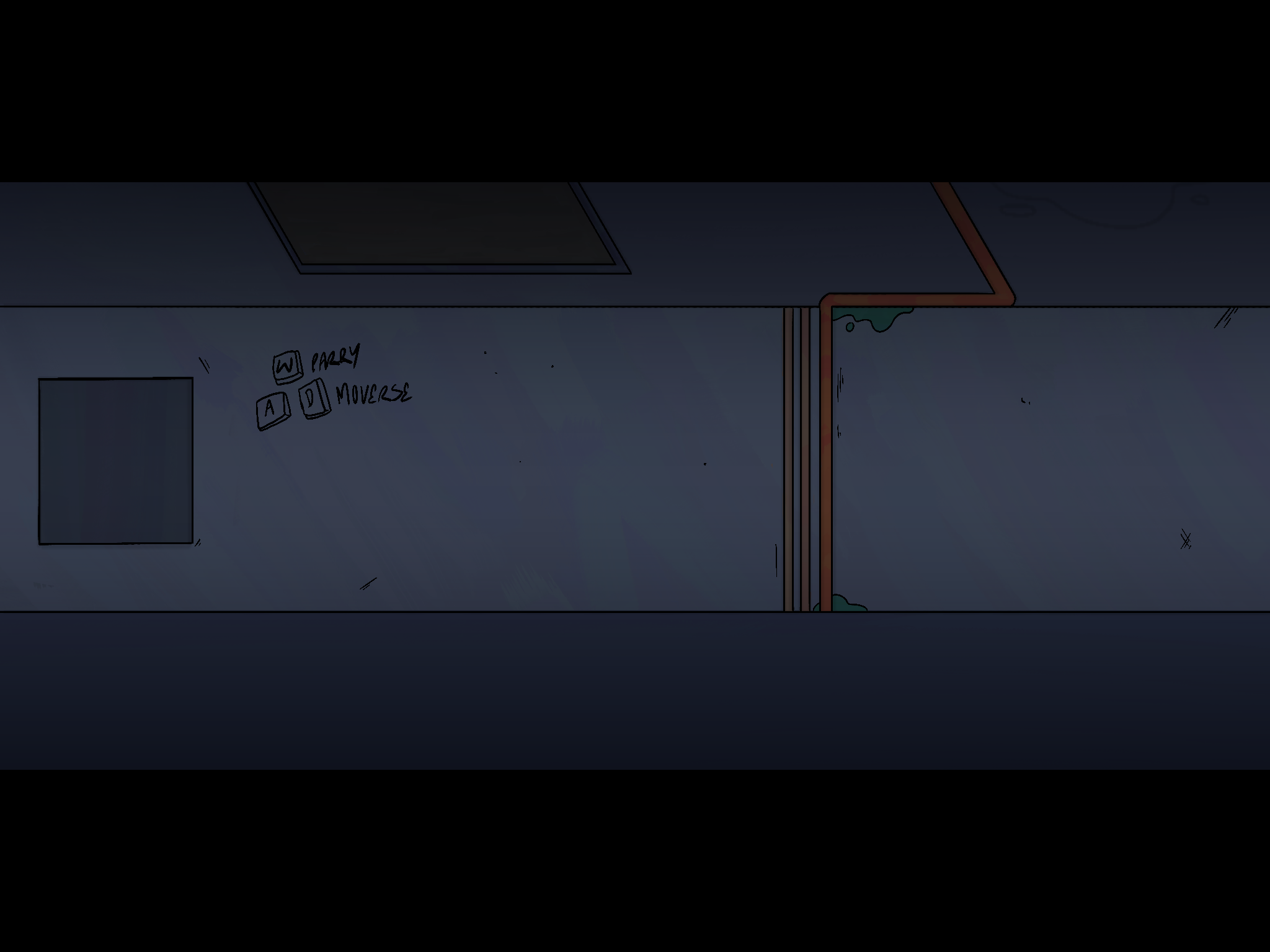 Rush Fighter — hand-drawn interior with the parry prompt on the wall
